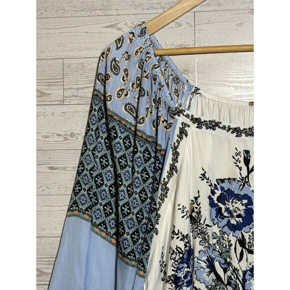 Free People Blue White Positano Print Peasant Floral Boho Blouse L/G, MSRP $128 - Picture 7 of 15